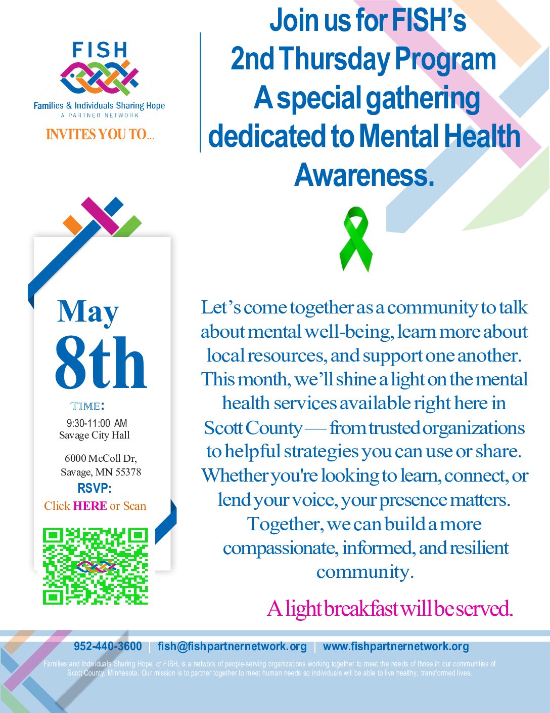 Join us for FISH’s 2nd Thursday Program in May — a special gathering dedicated to Mental Health Awareness. 💚