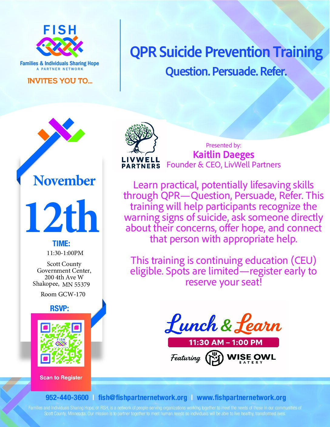 Register Today for our 2nd Thursday Meeting on November 12th: QPR Suicide Prevention Training – Question. Persuade. Refer.